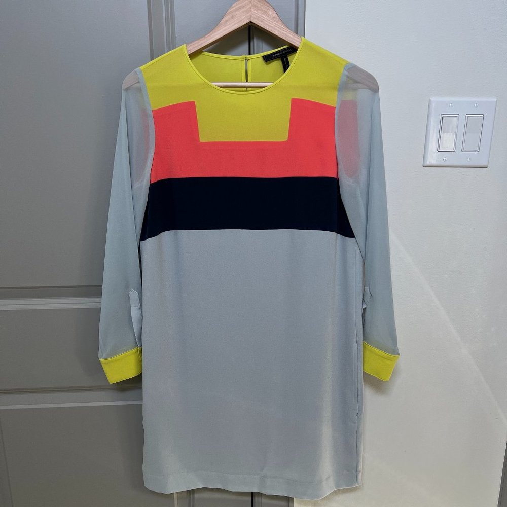 BCBG Max Azria Color Block Shift Dress Yellow Coral Navy Sheer Sleeves XS